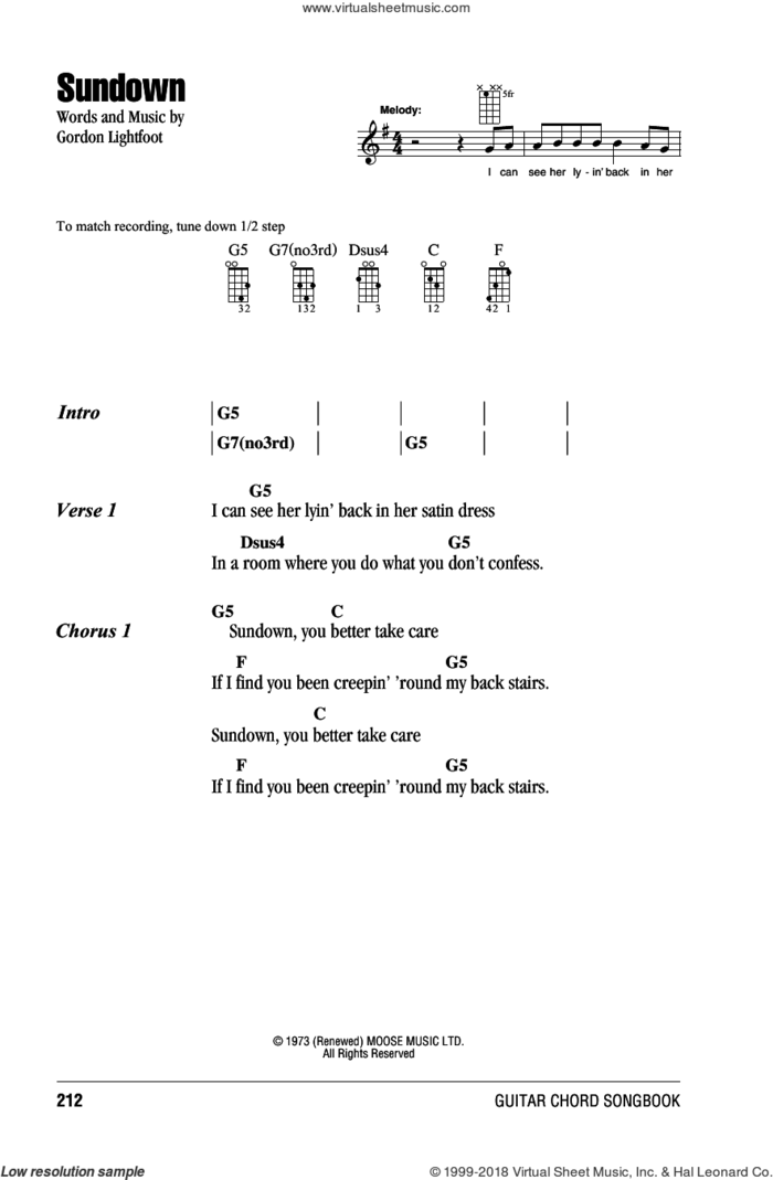 Sundown sheet music for mandolin (chords only) by Gordon Lightfoot, intermediate skill level
