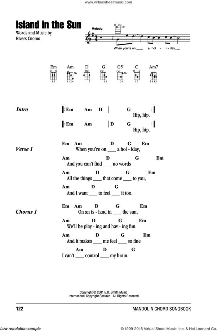 Island In The Sun sheet music for mandolin (chords only) by Weezer and Rivers Cuomo, intermediate skill level