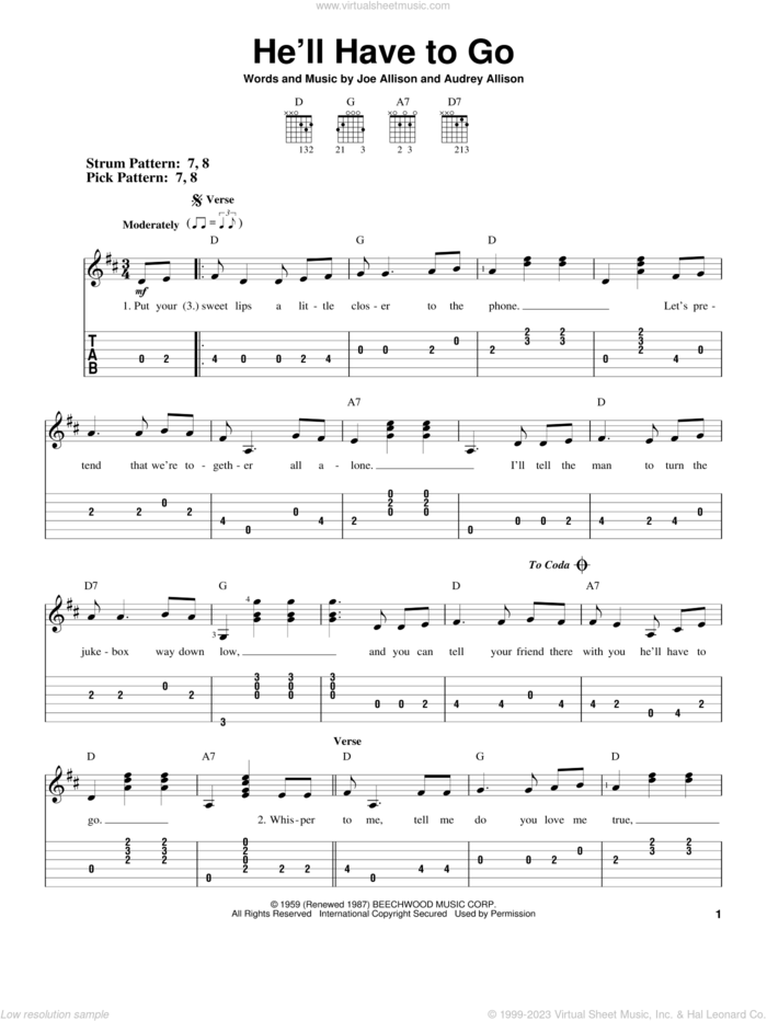 He'll Have To Go sheet music for guitar solo (easy tablature) by Jim Reeves, Audrey Allison and Joe Allison, easy guitar (easy tablature)