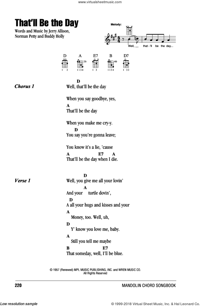 That'll Be The Day sheet music for mandolin (chords only) by The Crickets, Buddy Holly, Jerry Allison and Norman Petty, intermediate skill level