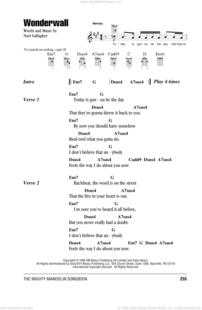 Wonderwall sheet music for mandolin (chords only) by Oasis and Noel Gallagher, intermediate skill level