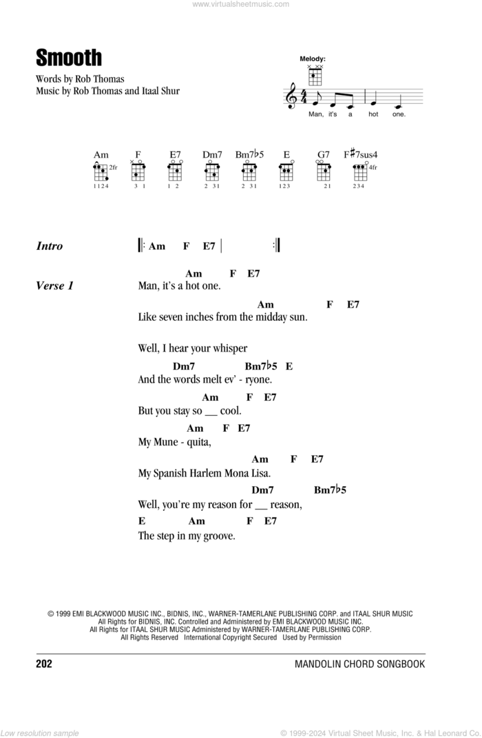 Smooth (feat. Rob Thomas) sheet music for mandolin (chords only) by Santana featuring Rob Thomas, Carlos Santana, Itaal Shur and Rob Thomas, intermediate skill level