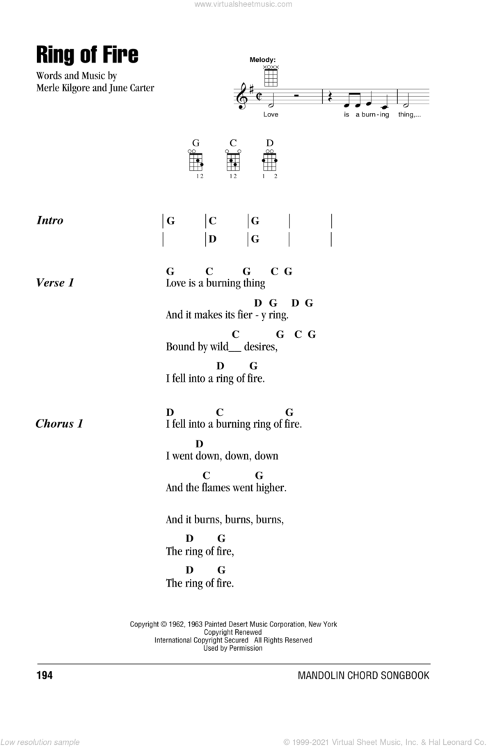 Ring Of Fire sheet music for mandolin (chords only) by Johnny Cash, June Carter and Merle Kilgore, intermediate skill level