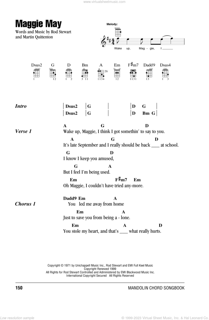 Maggie May sheet music for mandolin (chords only) by Rod Stewart and Martin Quittenton, intermediate skill level