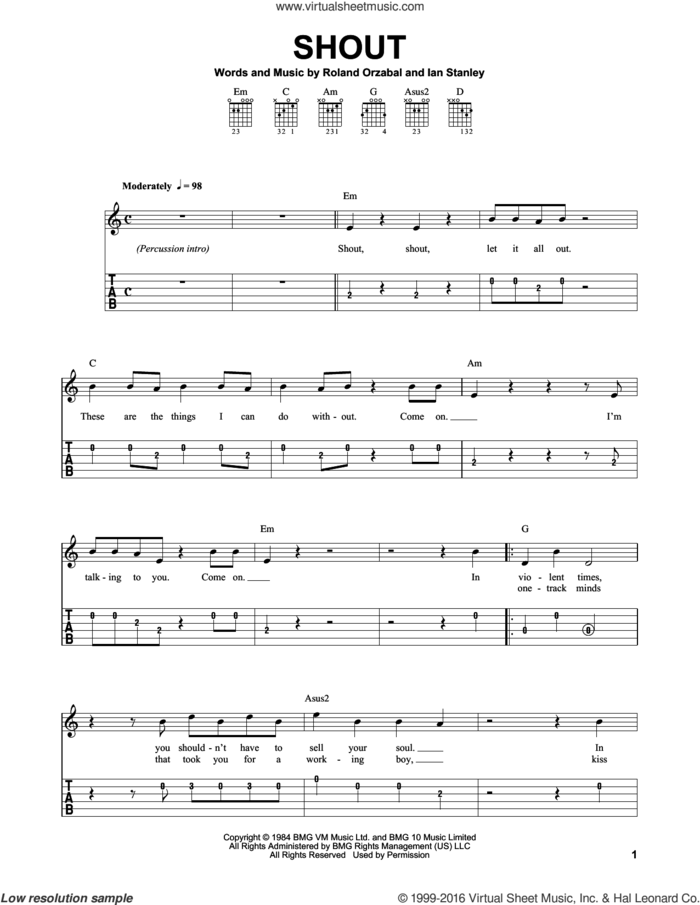 Shout sheet music for guitar solo (easy tablature) by Tears For Fears, Dave Clo, Ian Stanley and Roland Orzabal, easy guitar (easy tablature)