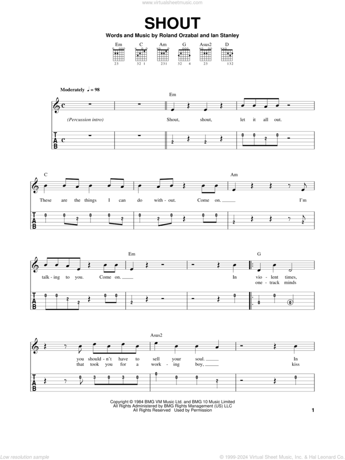 Shout sheet music for guitar solo (easy tablature) by Tears For Fears, Dave Clo, Ian Stanley and Roland Orzabal, easy guitar (easy tablature)