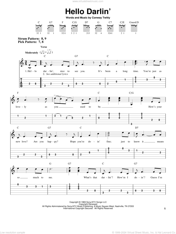 Hello Darlin' sheet music for guitar solo (easy tablature) by Conway Twitty, easy guitar (easy tablature)