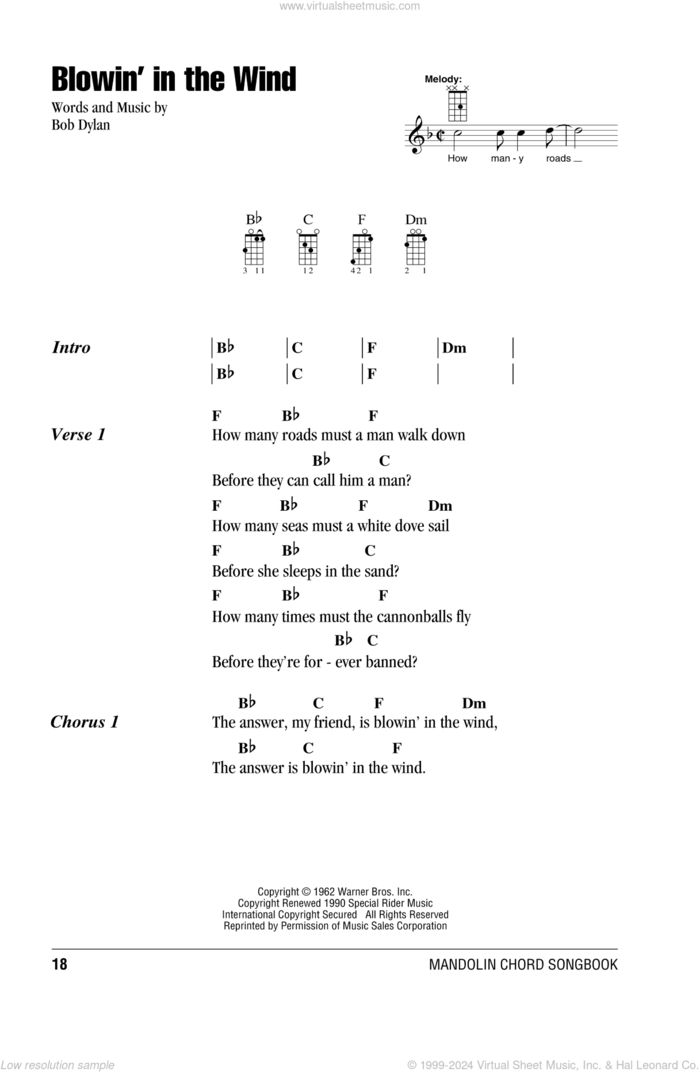 Blowin' In The Wind sheet music for mandolin (chords only) by Bob Dylan, Peter, Paul & Mary and Stevie Wonder, intermediate skill level