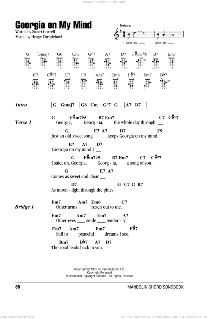 Georgia On My Mind sheet music for mandolin (chords only) by Ray Charles, Willie Nelson, Hoagy Carmichael and Stuart Gorrell, intermediate skill level