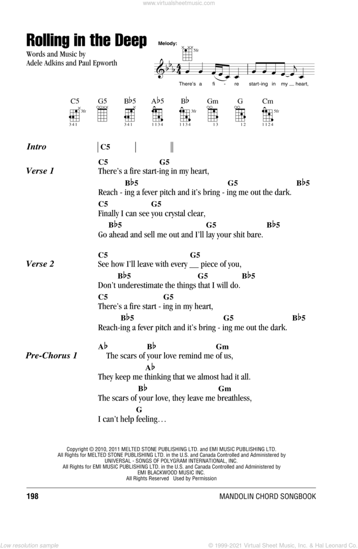 Rolling In The Deep sheet music for mandolin (chords only) by Adele, Adele Adkins and Paul Epworth, intermediate skill level