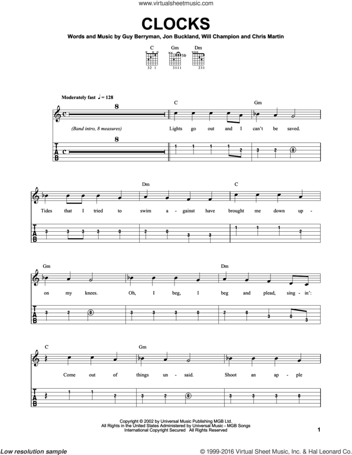 Clocks sheet music for guitar solo (easy tablature) by Coldplay, Dave Clo, Chris Martin, Guy Berryman, Jon Buckland and Will Champion, easy guitar (easy tablature)
