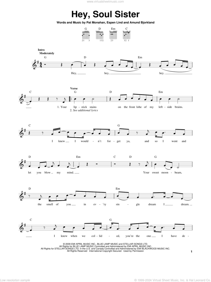 Hey, Soul Sister sheet music for guitar solo (chords) by Train, Amund Bjorklund, Espen Lind and Pat Monahan, easy guitar (chords)