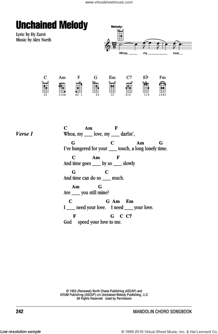 Unchained Melody sheet music for mandolin (chords only) by The Righteous Brothers, Al Hibbler, Barry Manilow, Elvis Presley, Les Baxter, Alex North and Hy Zaret, wedding score, intermediate skill level