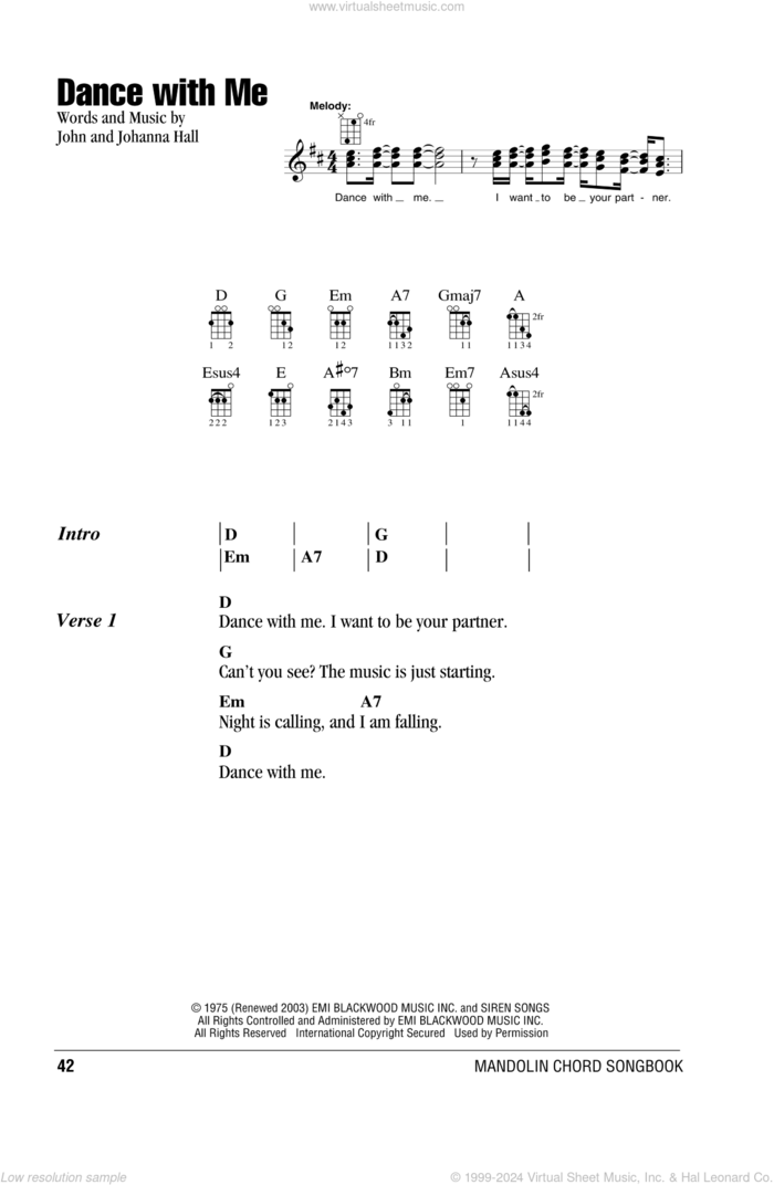 Dance With Me sheet music for mandolin (chords only) by Orleans, Johanna Hall and John Hall, intermediate skill level