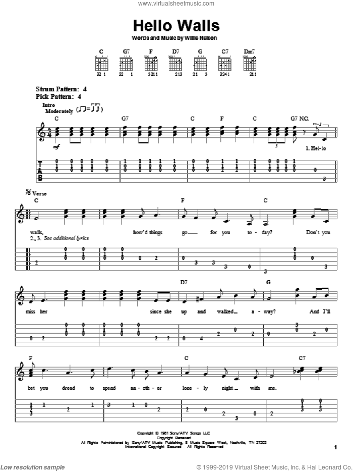 Hello Walls sheet music for guitar solo (easy tablature) by Willie Nelson and Faron Young, easy guitar (easy tablature)