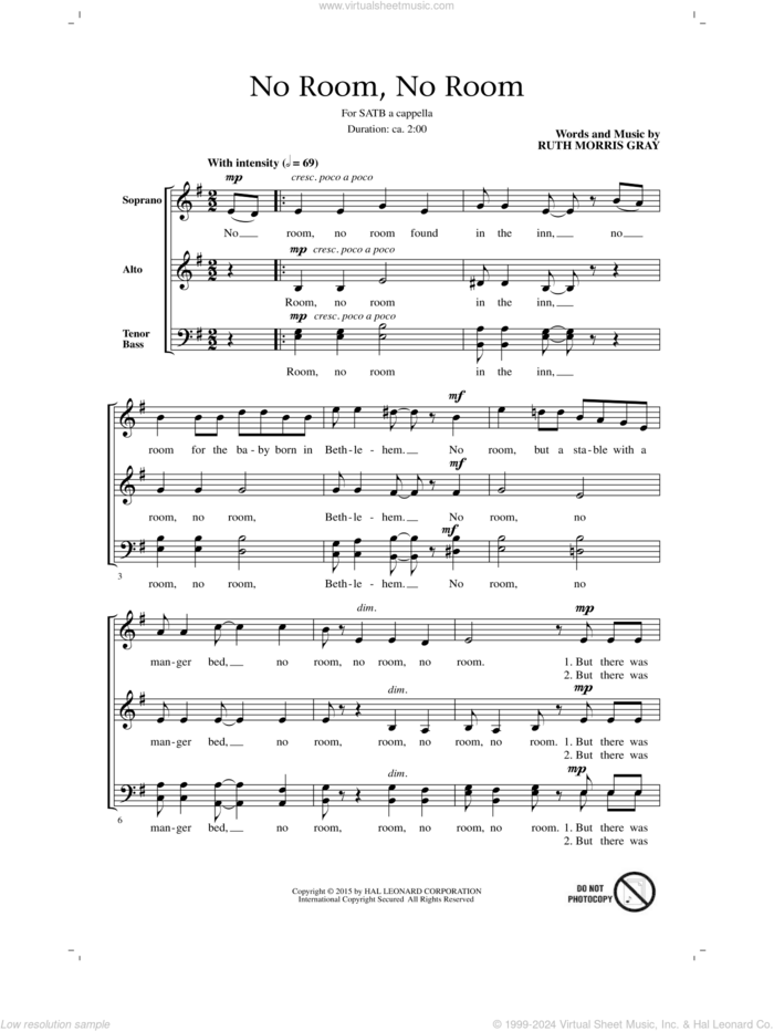 No Room, No Room sheet music for choir (SATB: soprano, alto, tenor, bass) by Ruth Morris Gray, intermediate skill level