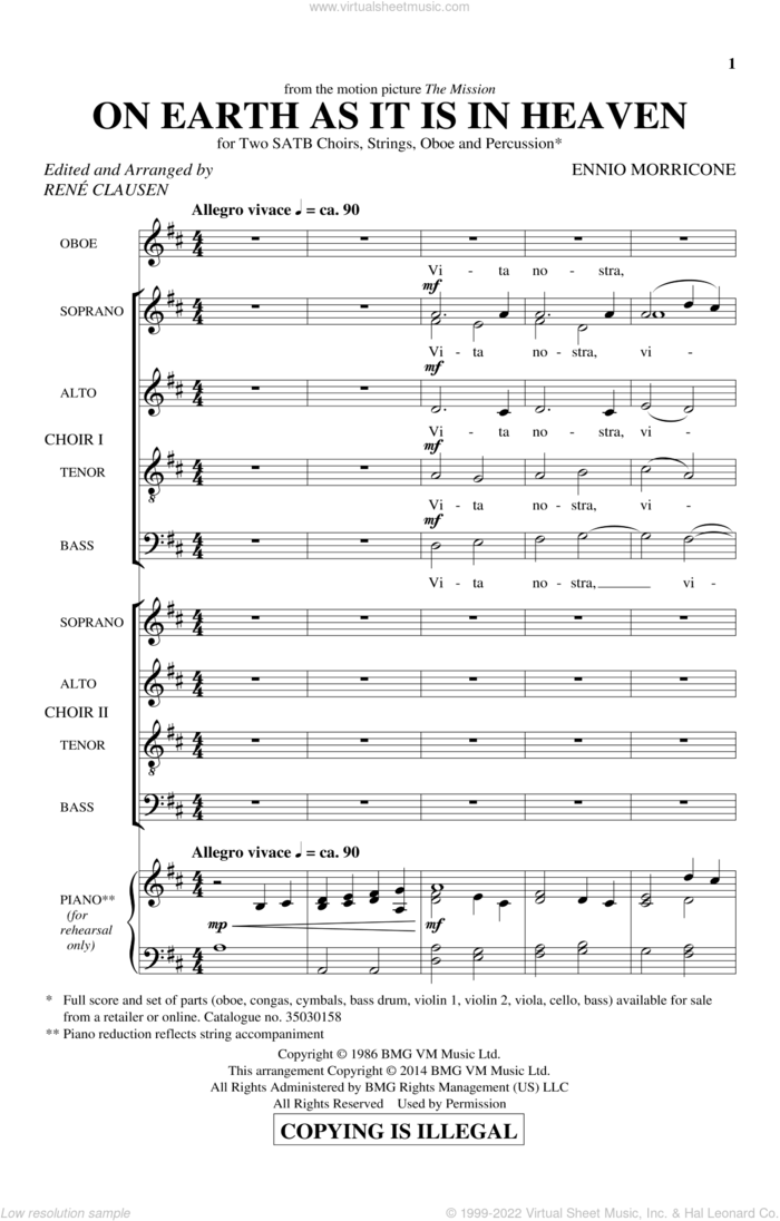 On Earth As It Is In Heaven sheet music for choir (SATB: soprano, alto, tenor, bass) by Ennio Morricone, RenAA Clausen and Rene Clausen, classical score, intermediate skill level