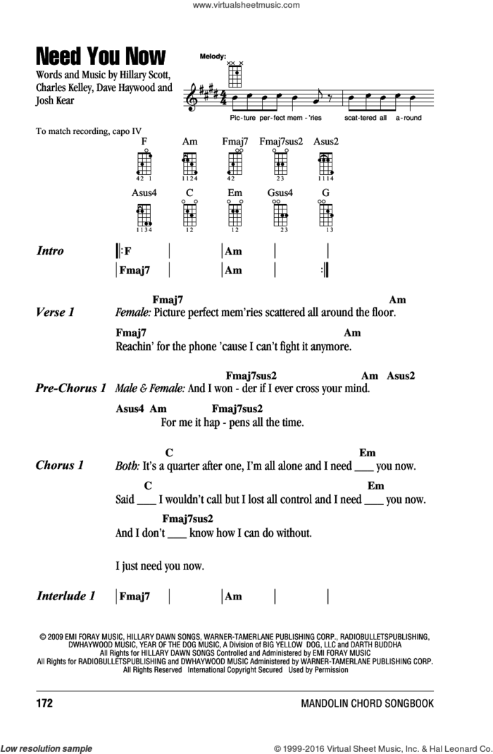 Need You Now sheet music for mandolin (chords only) by Lady Antebellum, Lady A, Charles Kelley, Dave Haywood, Hillary Scott and Josh Kear, intermediate skill level