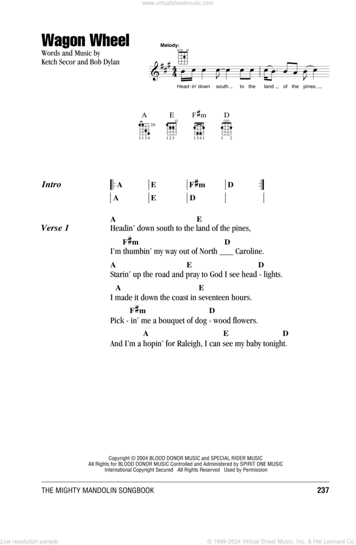 Wagon Wheel sheet music for mandolin (chords only) by Old Crow Medicine Show, Bob Dylan and Ketch Secor, intermediate skill level