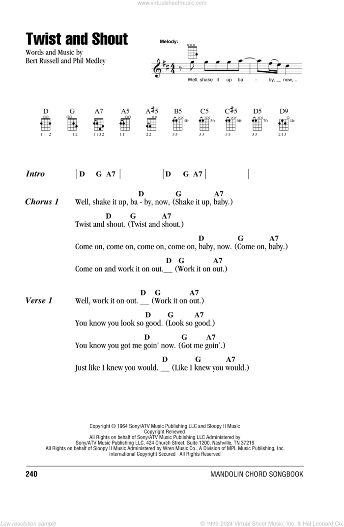 Twist And Shout sheet music for mandolin (chords only) by The Beatles, The Isley Brothers, Bert Russell and Phil Medley, intermediate skill level