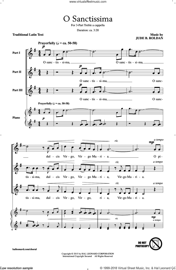 O Sanctissima sheet music for choir (3-Part Treble) by Jude Roldan, intermediate skill level