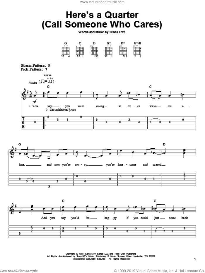 Here's A Quarter (Call Someone Who Cares) sheet music for guitar solo (easy tablature) by Travis Tritt, easy guitar (easy tablature)