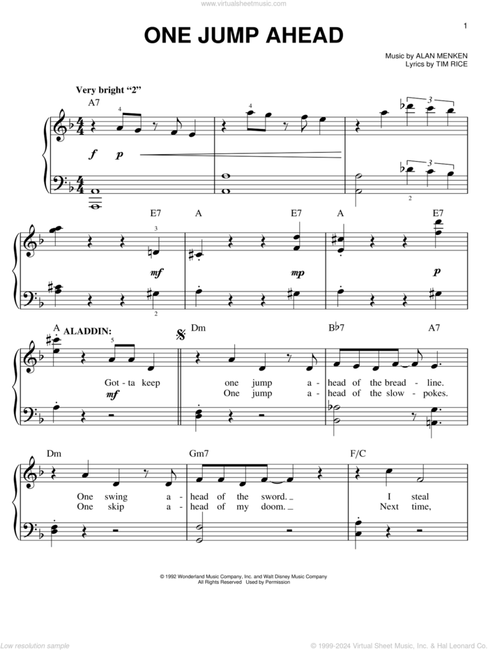 One Jump Ahead (from Aladdin: The Broadway Musical) sheet music for piano solo by Alan Menken and Tim Rice, easy skill level