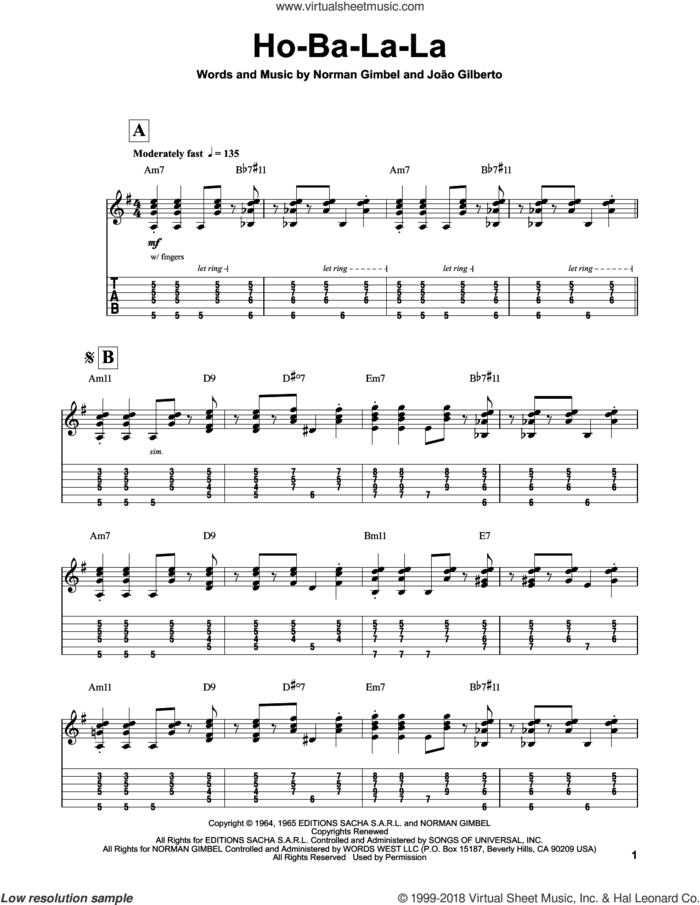 Ho-Ba-La-La sheet music for guitar (tablature, play-along) by Norman Gimbel and Joao Gilberto, intermediate skill level