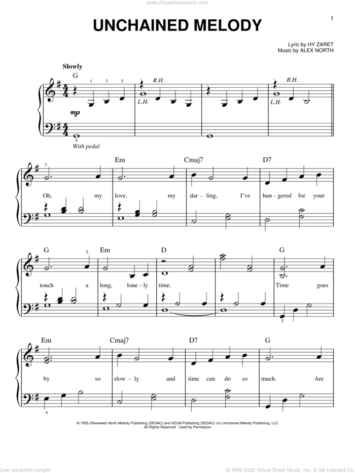 Unchained Melody sheet music for piano solo by The Righteous Brothers, Al Hibbler, Barry Manilow, Elvis Presley, Les Baxter, Alex North and Hy Zaret, wedding score, beginner skill level
