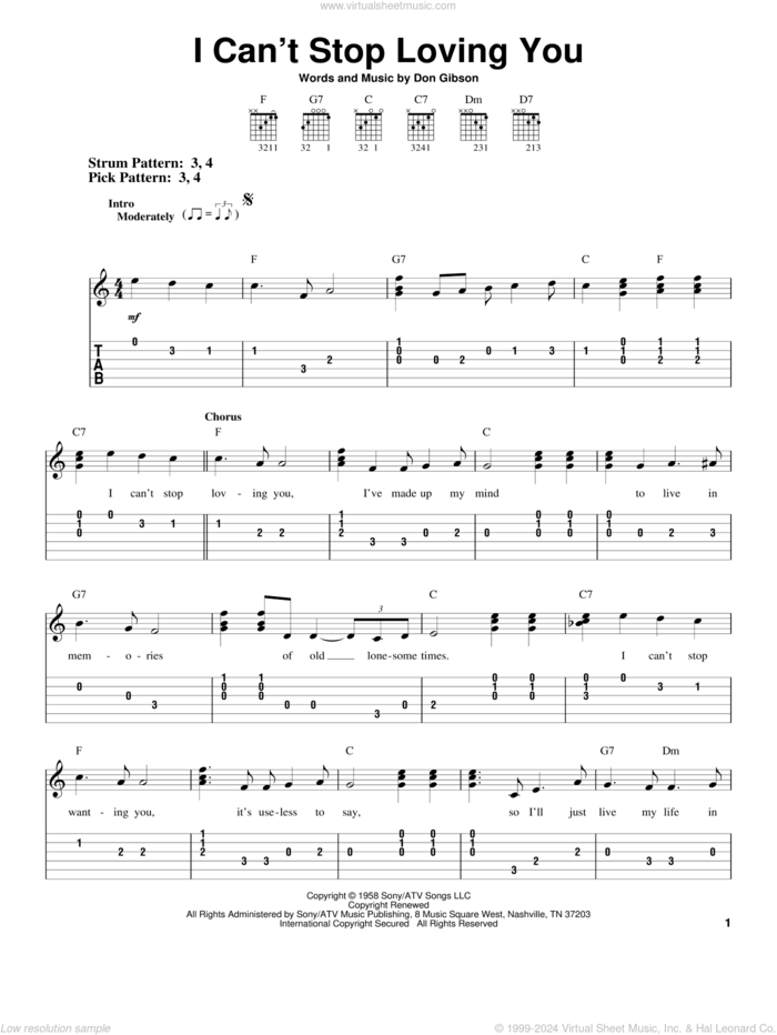 I Can't Stop Loving You sheet music for guitar solo (easy tablature) by Don Gibson, easy guitar (easy tablature)