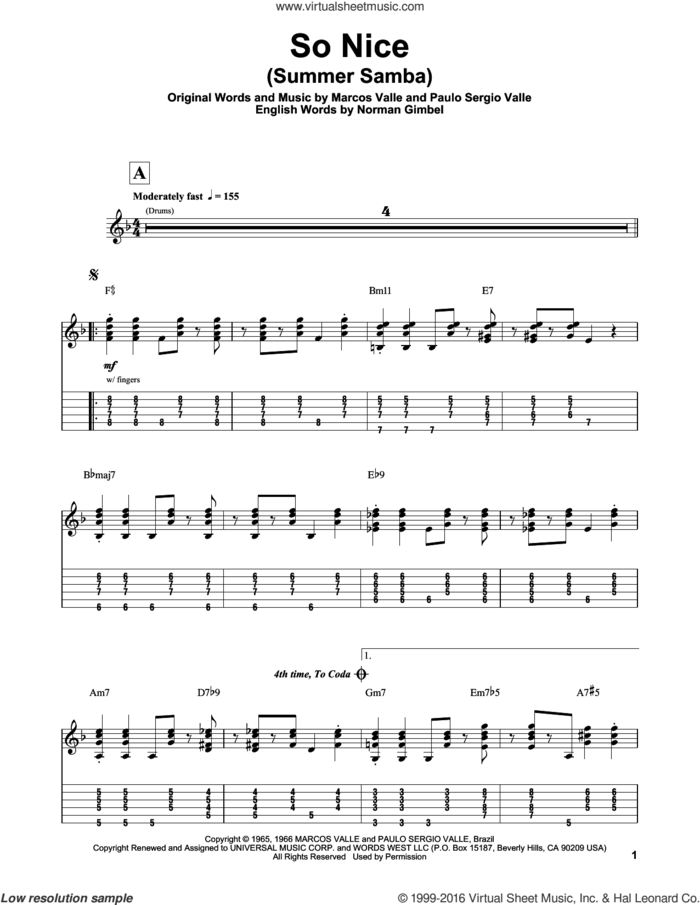 So Nice (Summer Samba) sheet music for guitar (tablature, play-along) by Norman Gimbel, Walter Wanderley, Marcos Valle and Paulo Sergio Valle, intermediate skill level