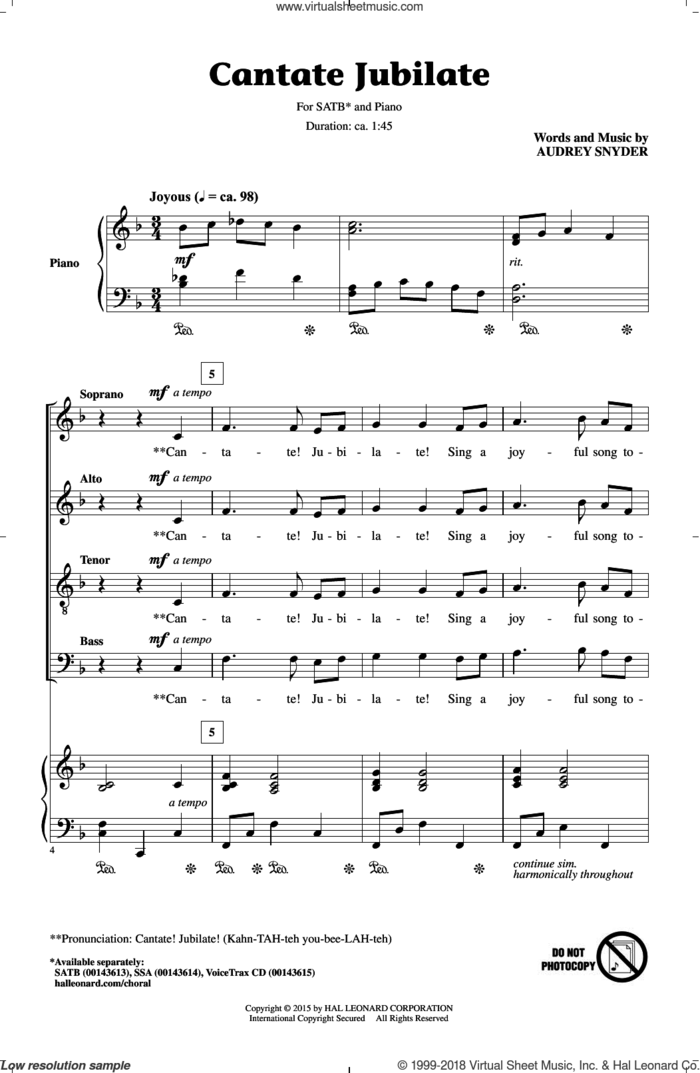 Cantate Jubilate sheet music for choir (SATB: soprano, alto, tenor, bass) by Audrey Snyder, intermediate skill level