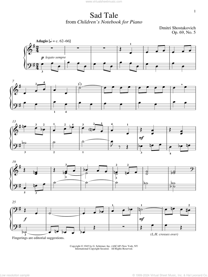 Sad Tale sheet music for piano solo by Dmitri Shostakovich and Richard Walters, classical score, intermediate skill level