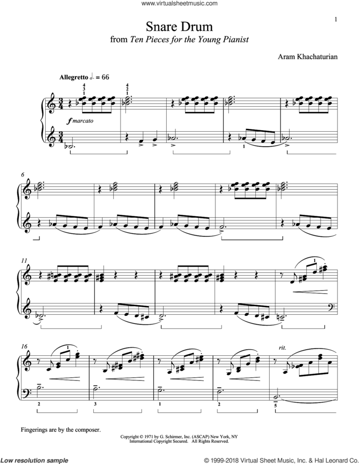 Snare Drum sheet music for piano solo by Aram Khachaturian and Richard Walters, classical score, intermediate skill level