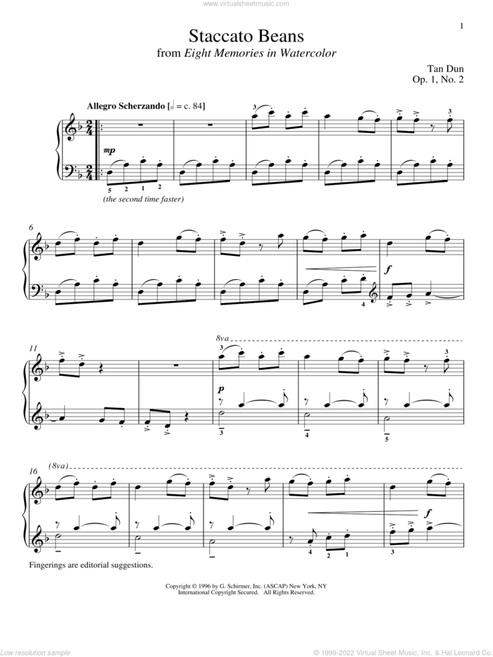 Staccato Beans (arr. Richard Walters) sheet music for piano solo by Tan Dun and Richard Walters, classical score, intermediate skill level