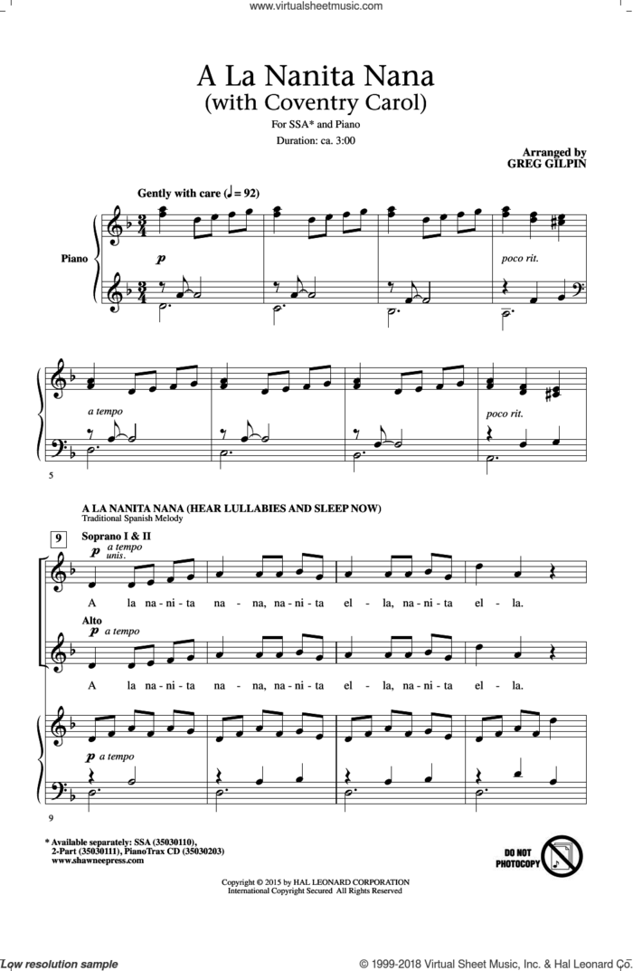 A La Nanita Nana (Hear Lullabies And Sleep Now) sheet music for choir (SSA: soprano, alto) by Greg Gilpin, intermediate skill level