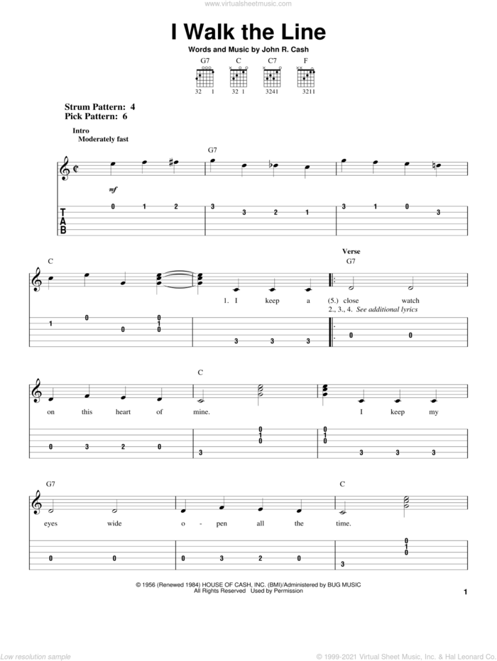 I Walk The Line sheet music for guitar solo (easy tablature) by Johnny Cash, easy guitar (easy tablature)
