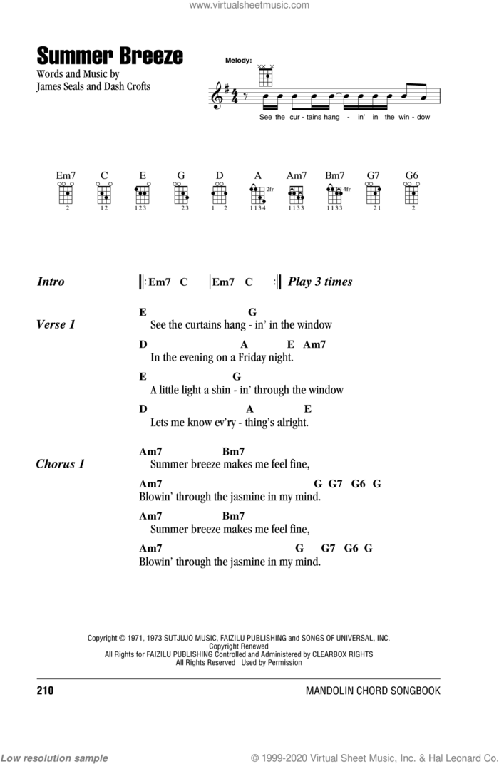Summer Breeze sheet music for mandolin (chords only) by Seals & Crofts, Dash Crofts and James Seals, intermediate skill level