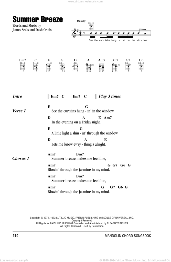 Summer Breeze sheet music for mandolin (chords only) by Seals & Crofts, Dash Crofts and James Seals, intermediate skill level