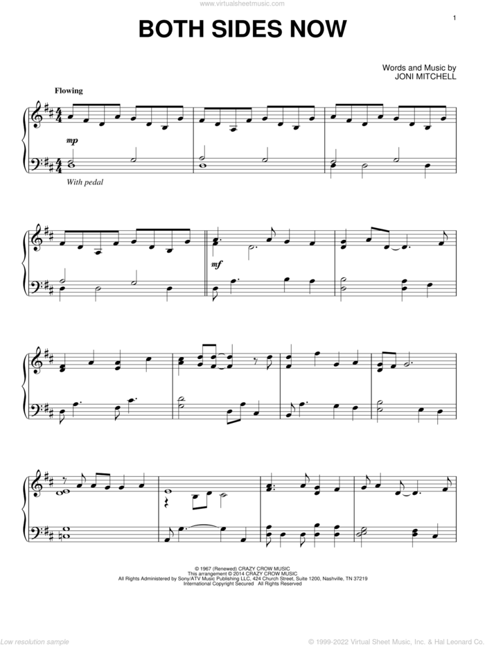Both Sides Now, (intermediate) sheet music for piano solo by Joni Mitchell, Dion and Judy Collins, intermediate skill level