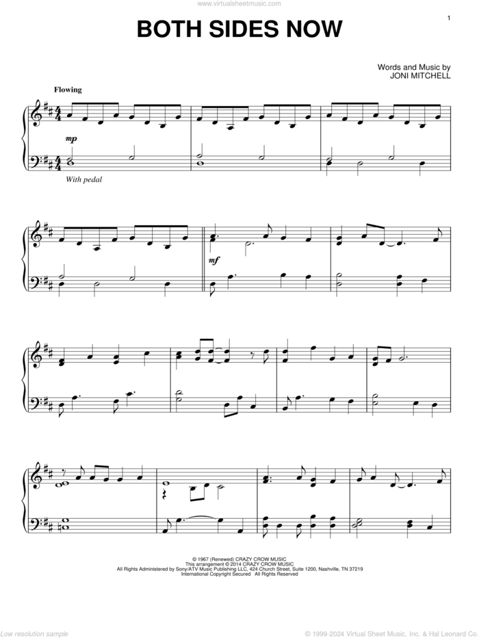 Both Sides Now, (intermediate) sheet music for piano solo by Joni Mitchell, Dion and Judy Collins, intermediate skill level