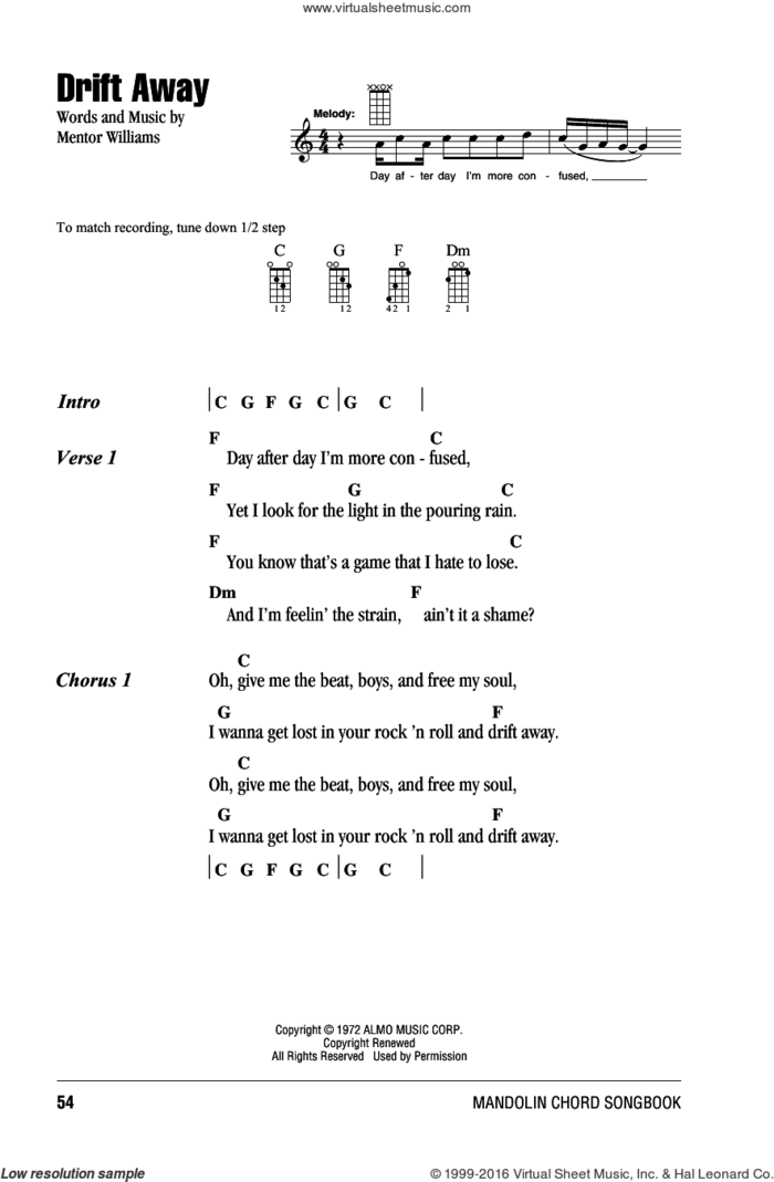 Drift Away sheet music for mandolin (chords only) by Uncle Kracker featuring Dobie Gray, Dobie Gray and Mentor Williams, intermediate skill level