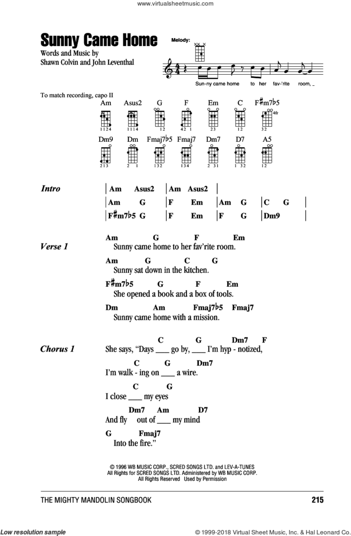 Sunny Came Home sheet music for mandolin (chords only) by Shawn Colvin and John Leventhal, intermediate skill level