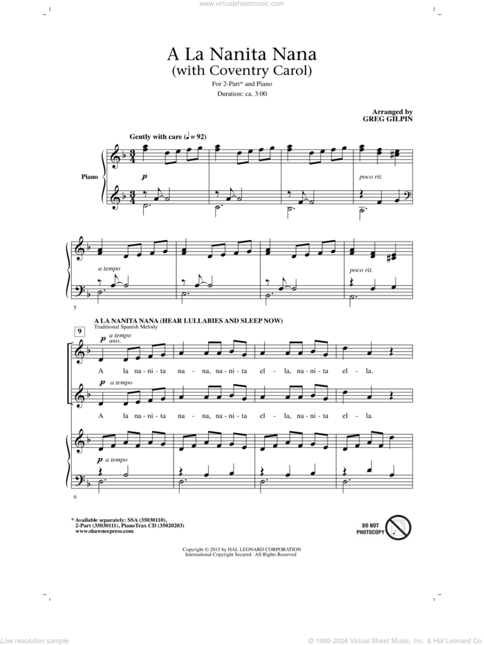 A La Nanita Nana (Hear Lullabies And Sleep Now) sheet music for choir (2-Part) by Greg Gilpin, intermediate duet