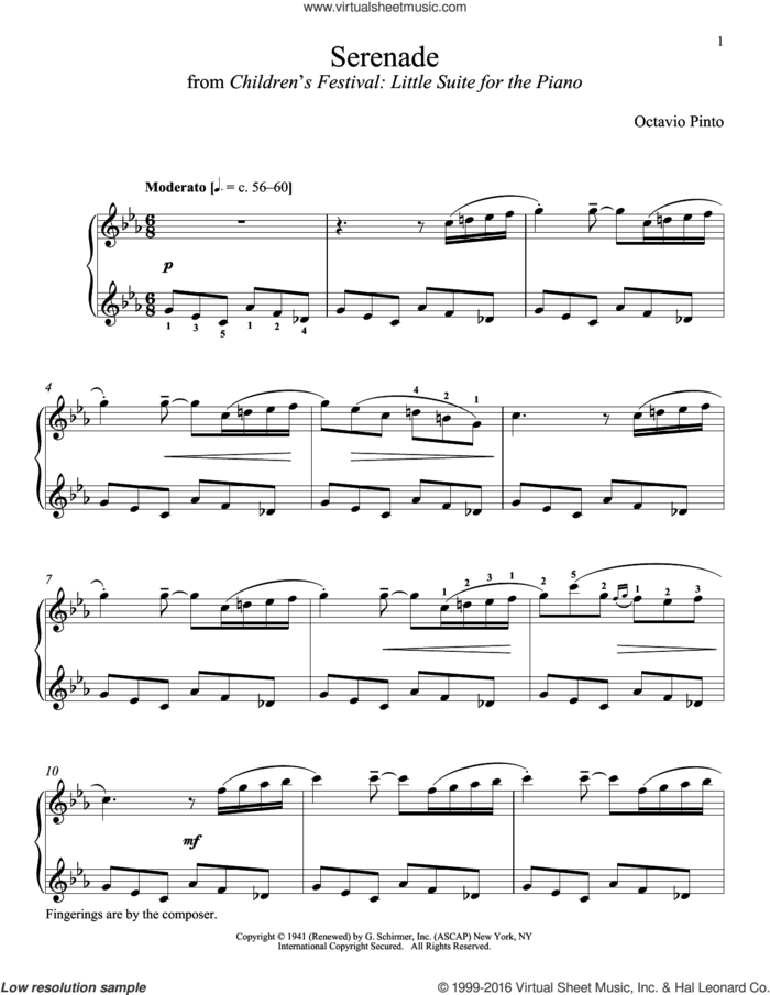 Serenade sheet music for piano solo by Octavio Pinto and Richard Walters, classical score, intermediate skill level
