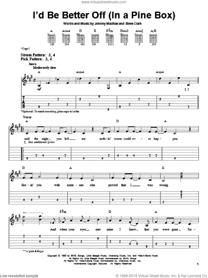 I'd Be Better Off (In A Pine Box) sheet music for guitar solo (easy tablature) by Doug Stone, Johnny MacRae and Steve Clark, easy guitar (easy tablature)