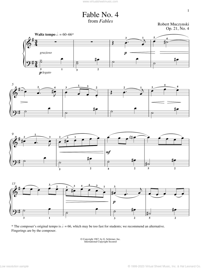 Fable No. 4, Op. 21 sheet music for piano solo by Robert Muczynski and Richard Walters, classical score, intermediate skill level