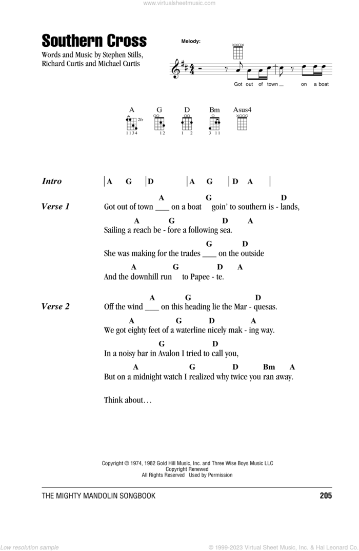 Southern Cross sheet music for mandolin (chords only) by Crosby, Stills & Nash, Michael Curtis, Richard Curtis and Stephen Stills, intermediate skill level