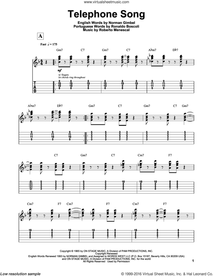 Telephone Song (feat. Astrud Gilberto) sheet music for guitar (tablature, play-along) by Stan Getz, Norman Gimbel, Roberto Menescal and Ronaldo Boscoli, intermediate skill level