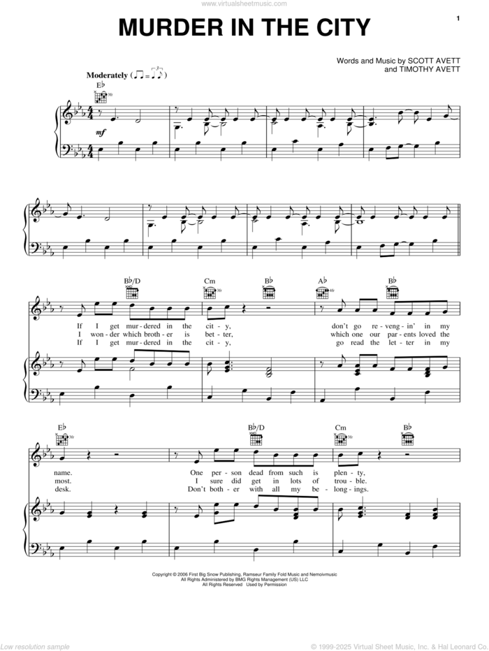 Murder In The City sheet music for voice, piano or guitar by The Avett Brothers, Avett Brothers, Scott Avett and Timothy Avett, intermediate skill level